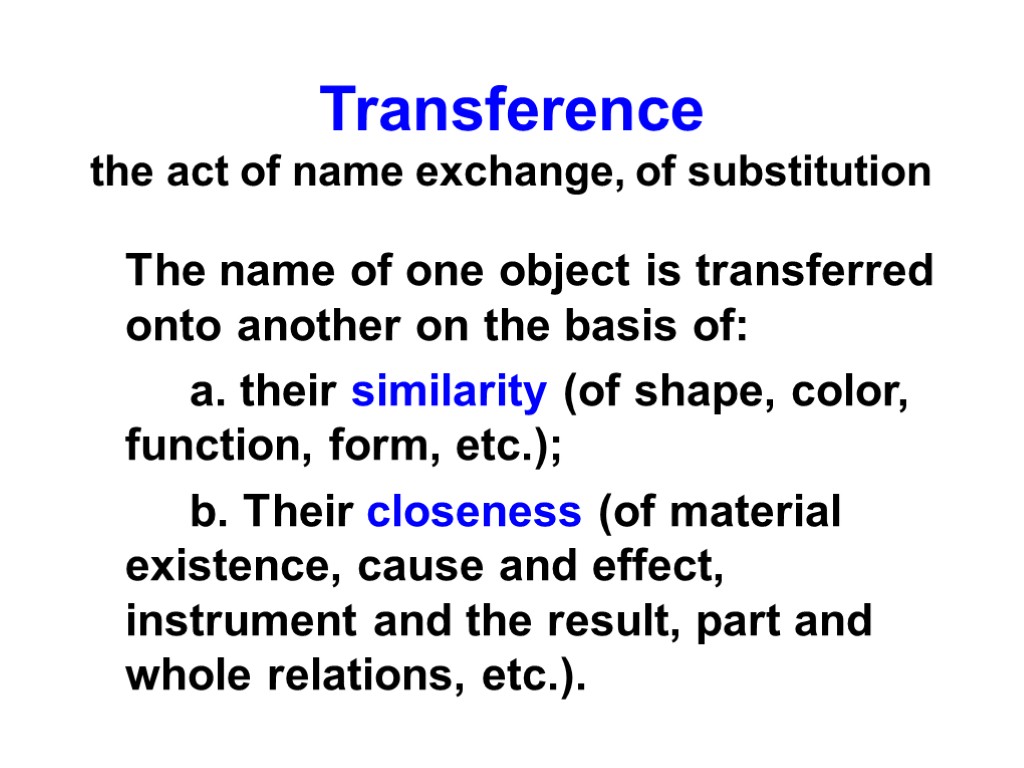 Transference the act of name exchange, of substitution The name of one object is